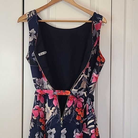 Eliza J Fit & Flare Floral Belted Dress Blue Pink Side Pockets Size 14 - Picture 14 of 16